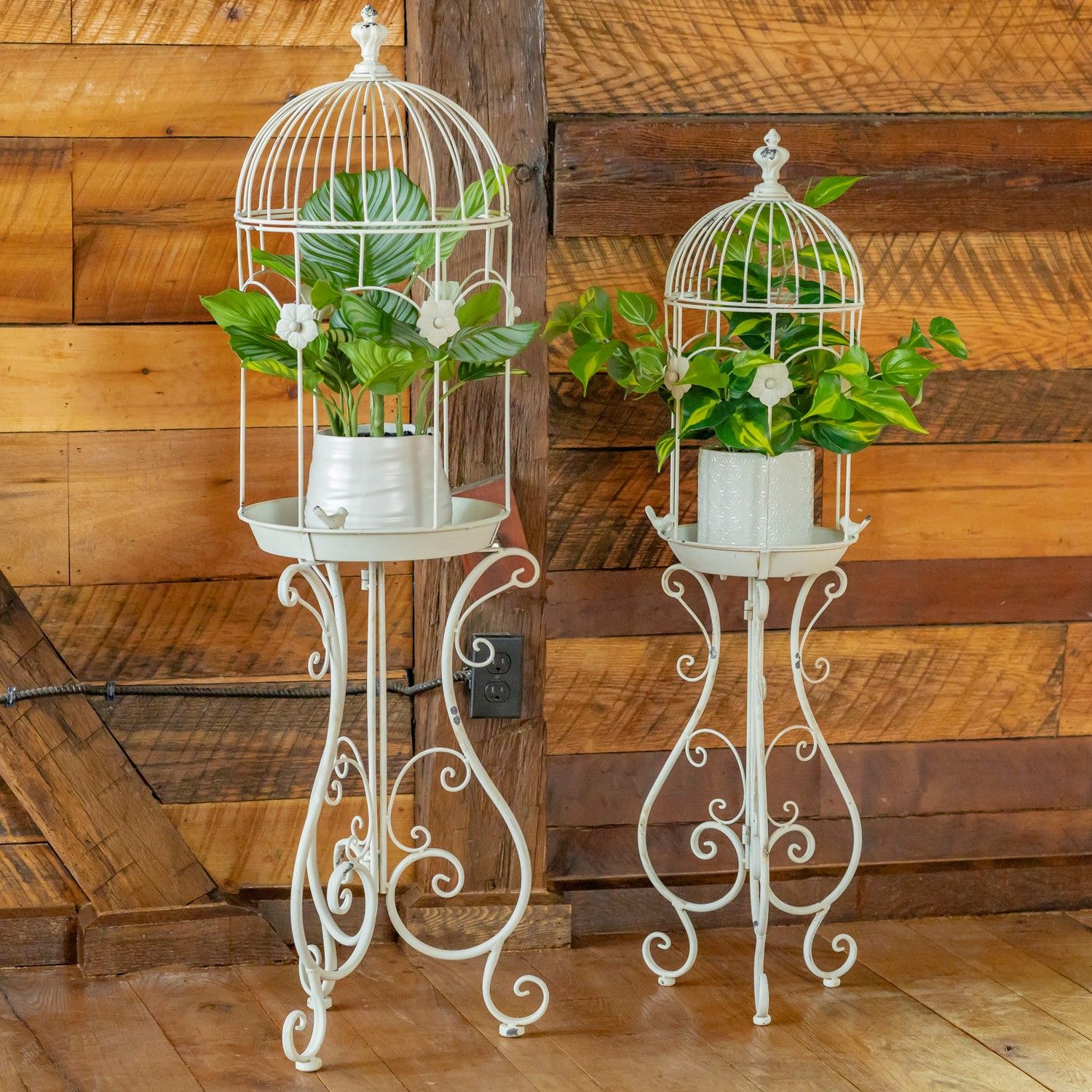 Set Of 2 Victorian Style Metal Birdcage Planter Decorations In Antique  White "London 1820" In Ancient Grey Plant Stands (View 15 of 15)