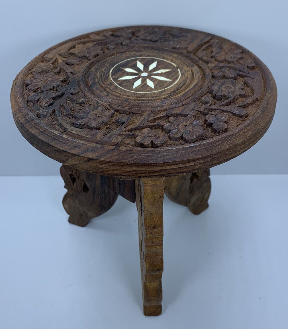 Vintage Hand Carved Wooden Plant Stand 6" Tall Inlaid Floral Made In India  (1) For Carved Plant Stands (View 11 of 15)