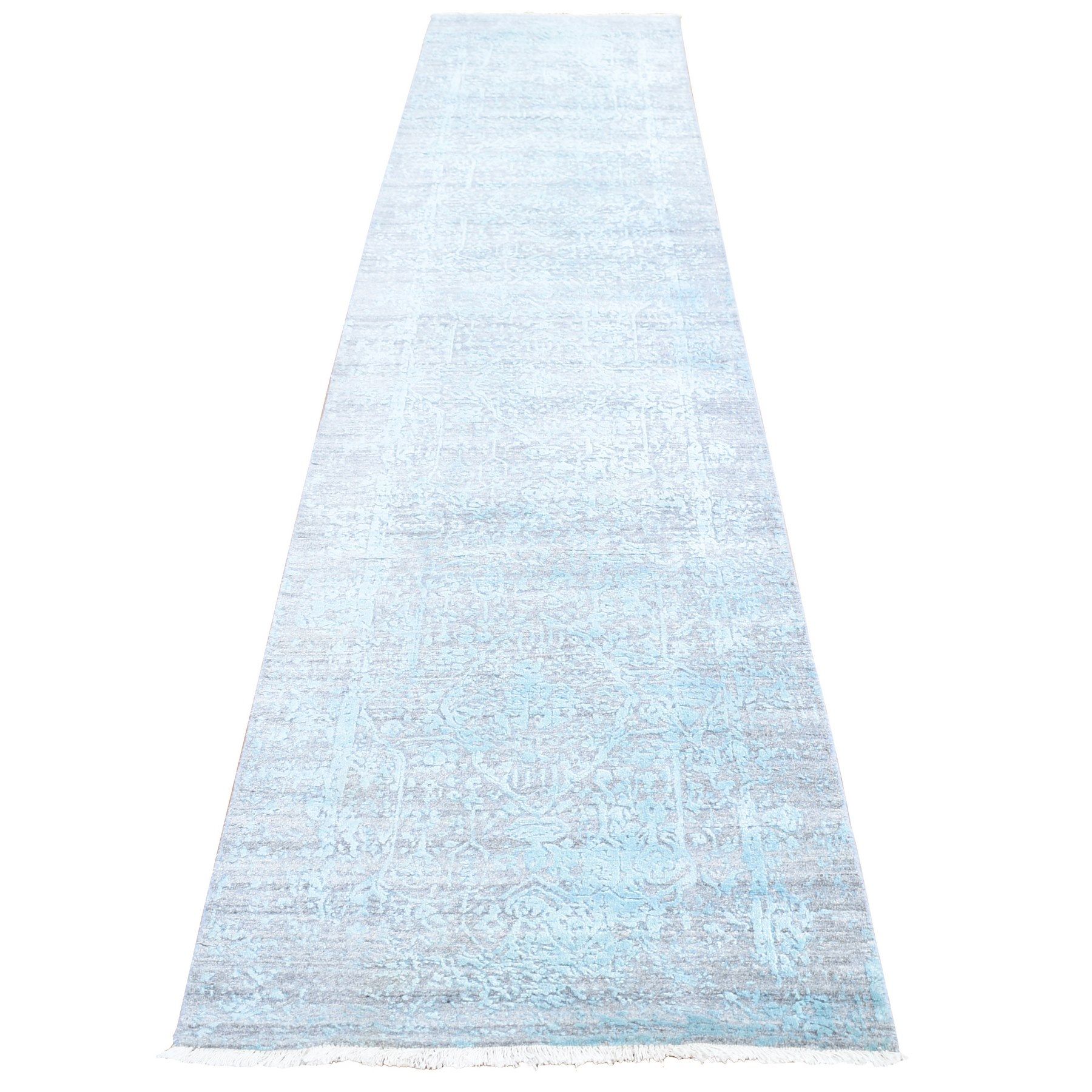 2'7"X14' Light Blue Wool And Pure Silk Hand Knotted Broken Persian Design  Oriental Xl Runner Rug – Carpets & Rugs Within Light Blue Runner Rugs (View 14 of 15)