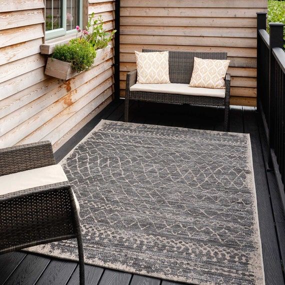 Charcoal Grey Moroccan Motif Outdoor Rug Garden Patio Area – Etsy Intended For Charcoal Outdoor Rugs (View 15 of 15)