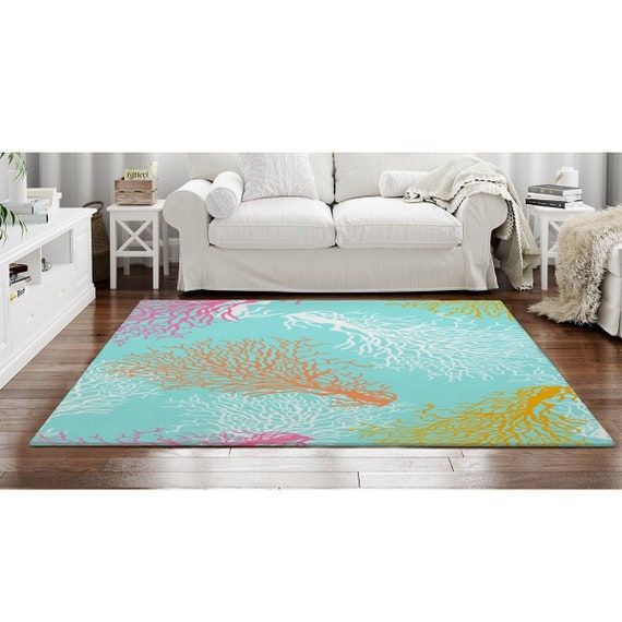 Coastal Rugs Colorful Coral Reef Area Rug Aqua Pink And Orange – Etsy With Pink And Aqua Rugs (Photo 6 of 15)