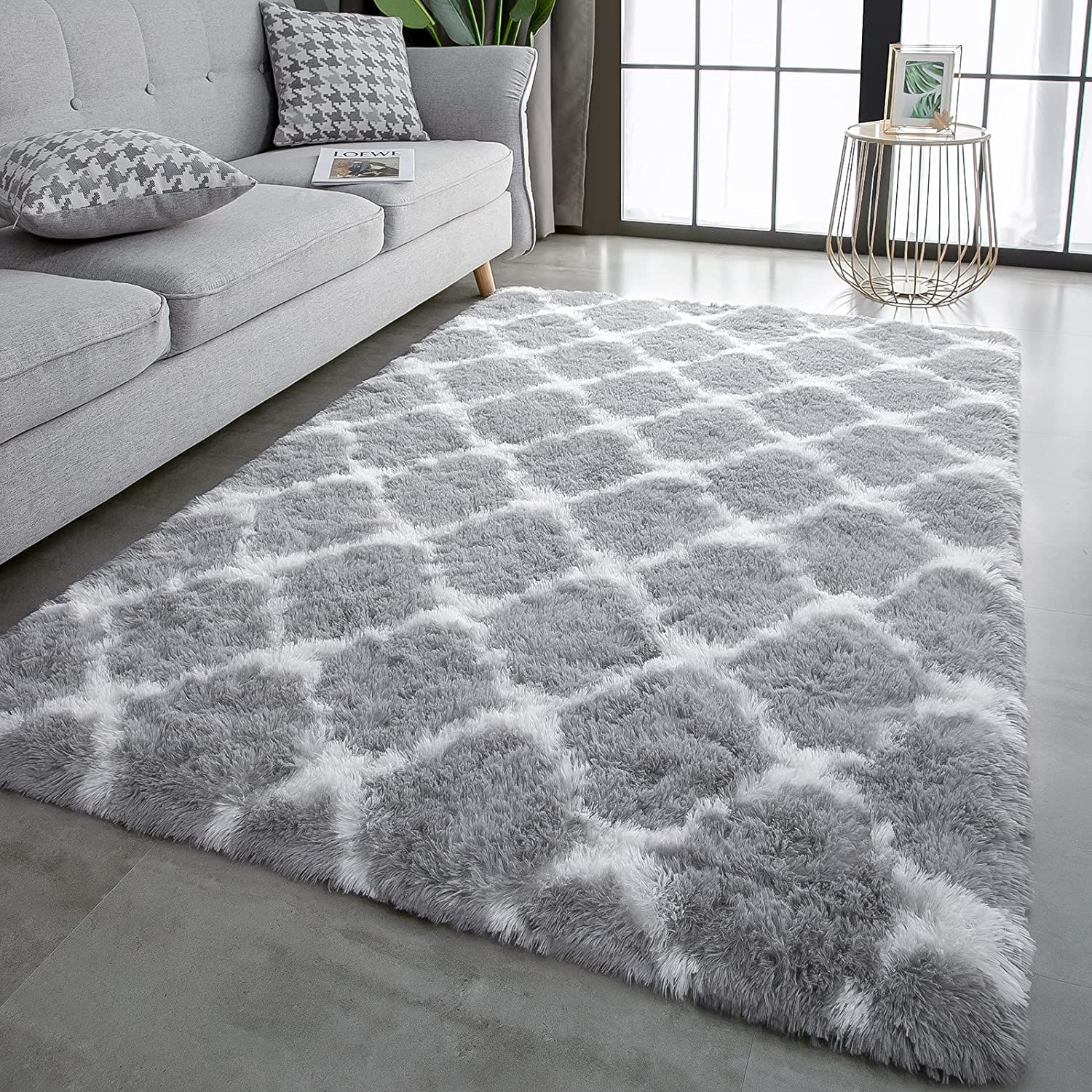 Comeet Ultra Soft Fuzzy Rugs For Bedroom Grey And White Fluffy Carpet,  Geometric | Ebay Intended For White Soft Rugs (Photo 7 of 15)