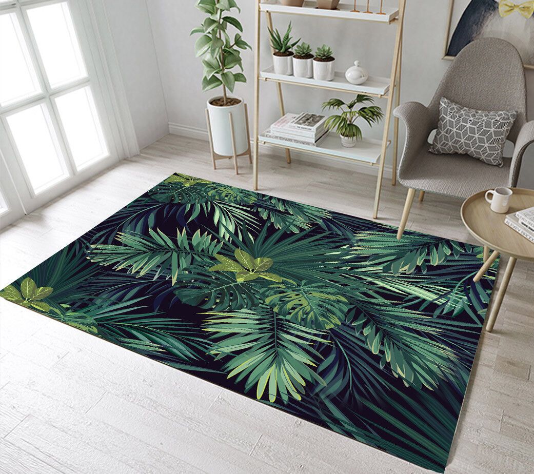 Dark Green Tropical Leaves Living Room Kids Soft Carpet Floor Mat Home Area  Rugs | Ebay Regarding Green Rugs (View 13 of 15)