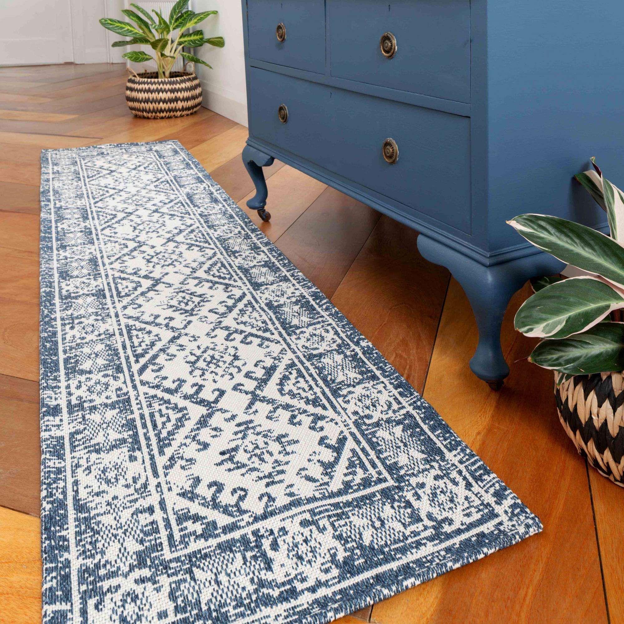 Distressed Vintage Blue Woven Sustainable Recycled Cotton Runner Rug |  Kendall | Kukoon Rugs Online For Cotton Runner Rugs (View 3 of 15)