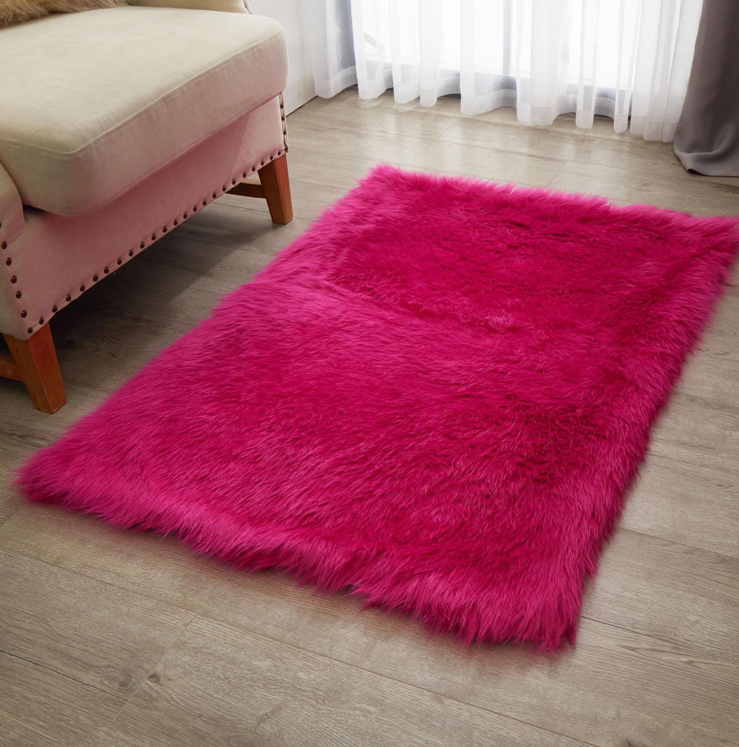 Everly Quinn Thurmont Faux Fur Pink Rug & Reviews | Wayfair For Pink Soft Touch Shag Rugs (View 8 of 15)