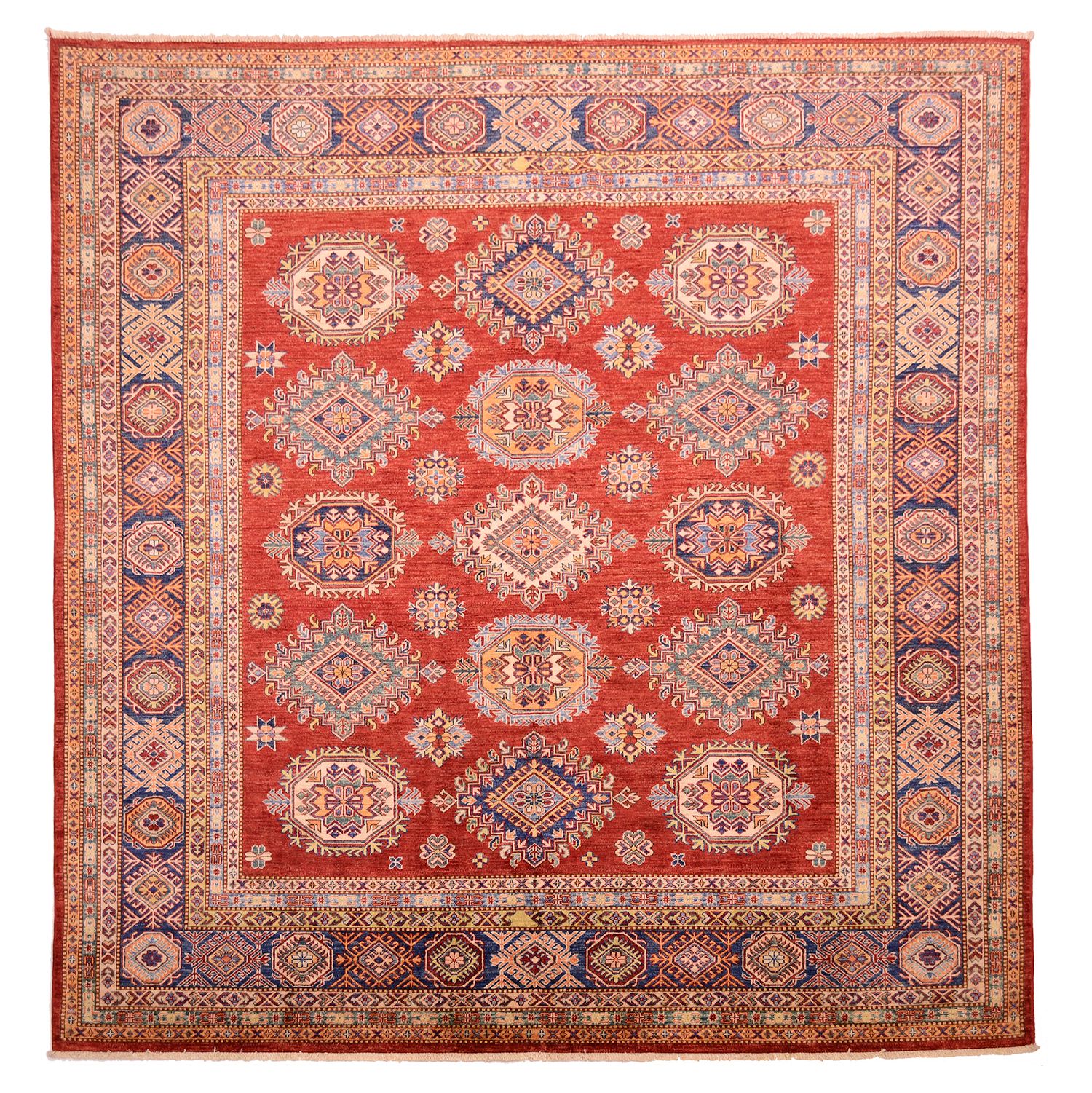 Fine Afghan Red Kazak Square Rug 2.48X2.44M | 8Ft Square Within Square Rugs (Photo 13 of 15)