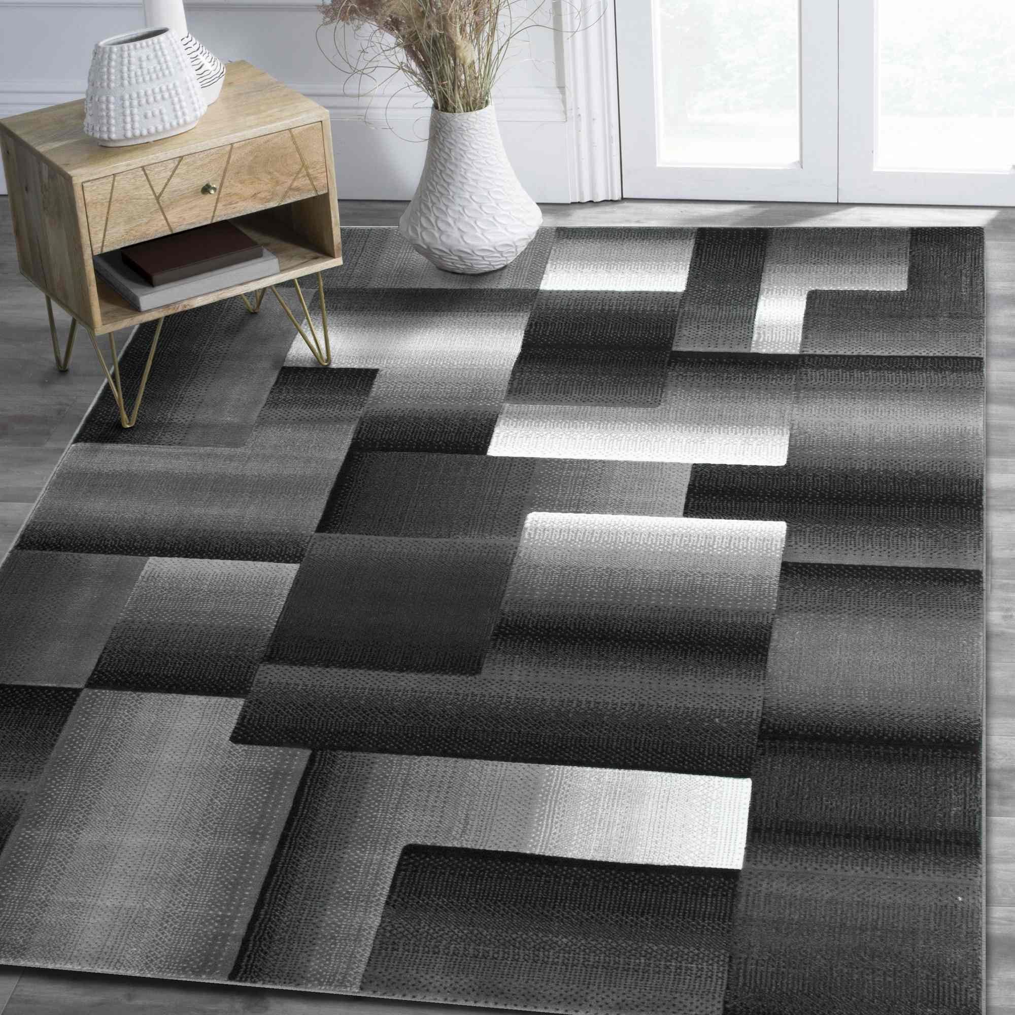 Grey/Silver/Black/Abstract Area Rug Modern Contemporary Geometric Cube And  Square Design Pattern Carpet – Walmart For Square Rugs (View 12 of 15)