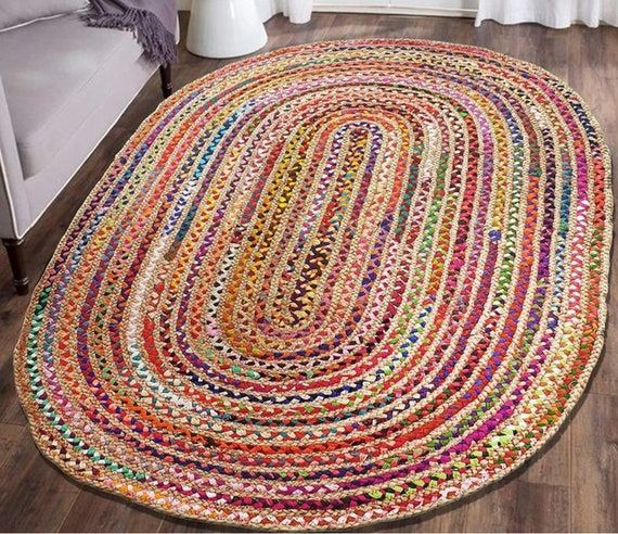 Hand Braided Bohemian Colorful Jute Cotton Chindi Area Rug – Etsy In Hand Braided Rugs (Photo 1 of 15)
