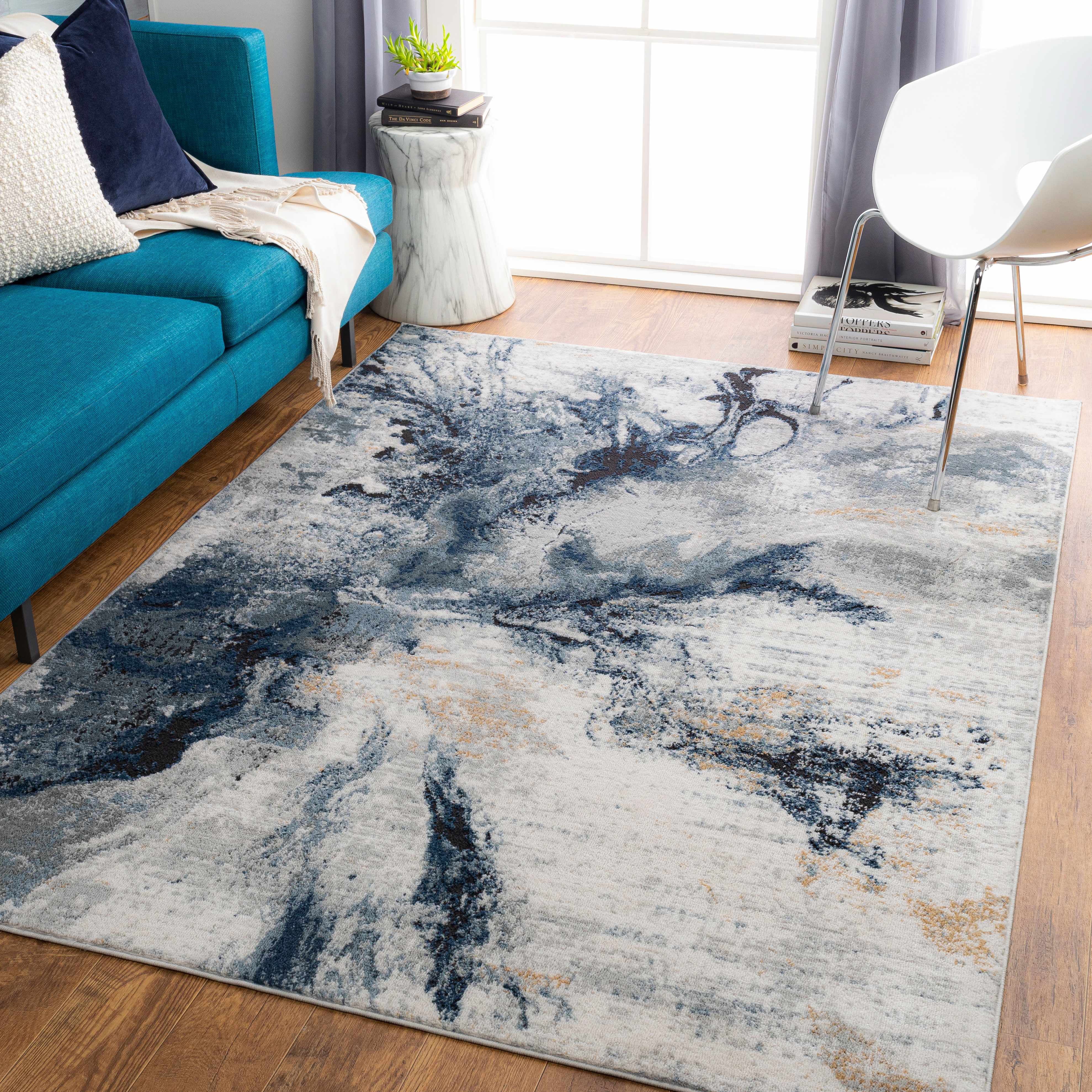 Hauteloom Marble Swirl Collection Abstract Coastal Living Room Bedroom  Dining Room Square Area Rug – Modern Contemporary Bohemian – Grey, Blue,  Mustard – 6'7" Square – Walmart For Coastal Square Rugs (View 15 of 15)