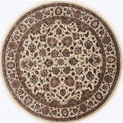 Indian Kashmir Beige Round 5 To 6 Ft Wool Carpet 23410 | Sku 23410 Within Beige Round Rugs (View 15 of 15)