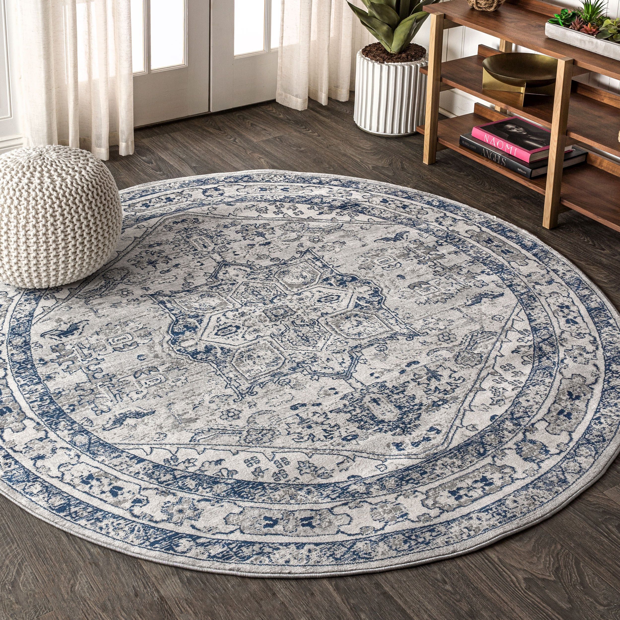 Jonathan Y 6 X 6 Light Grey/Navy Round Indoor Border Oriental Area Rug In  The Rugs Department At Lowes With Regard To Border Round Rugs (View 7 of 15)