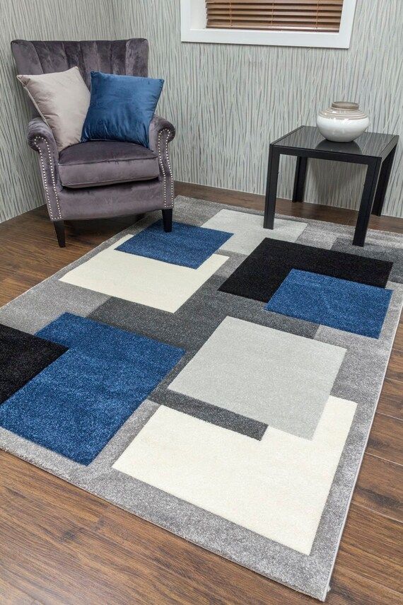 Living Room Rugs Mat Blue Navy Square Design – Etsy Uk Inside Blue Square Rugs (View 12 of 15)