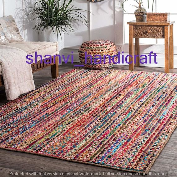 Natural Jute & Cotton Braided Rug Rag Multi Color Floor Decor – Etsy Intended For Hand Woven Braided Rugs (View 7 of 15)