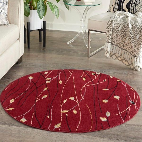Nourison Grafix Red 5 Ft. X 5 Ft. Botanical Contemporary Round Area Rug  810366 – The Home Depot Regarding Botanical Oval Rugs (Photo 8 of 15)