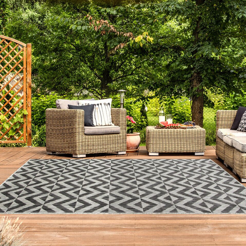 Outdoor Indoor Patio Area Rugs | Garden Flatweave Rugs | Charcoal Geometric  Rug | Ebay Throughout Charcoal Outdoor Rugs (View 5 of 15)