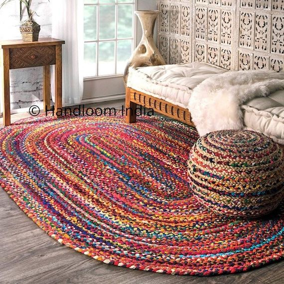 Oval Hand Braided Chindi Rug Runner Hand Woven Recycled Cotton – Etsy Pertaining To Hand Woven Braided Rugs (Photo 1 of 15)