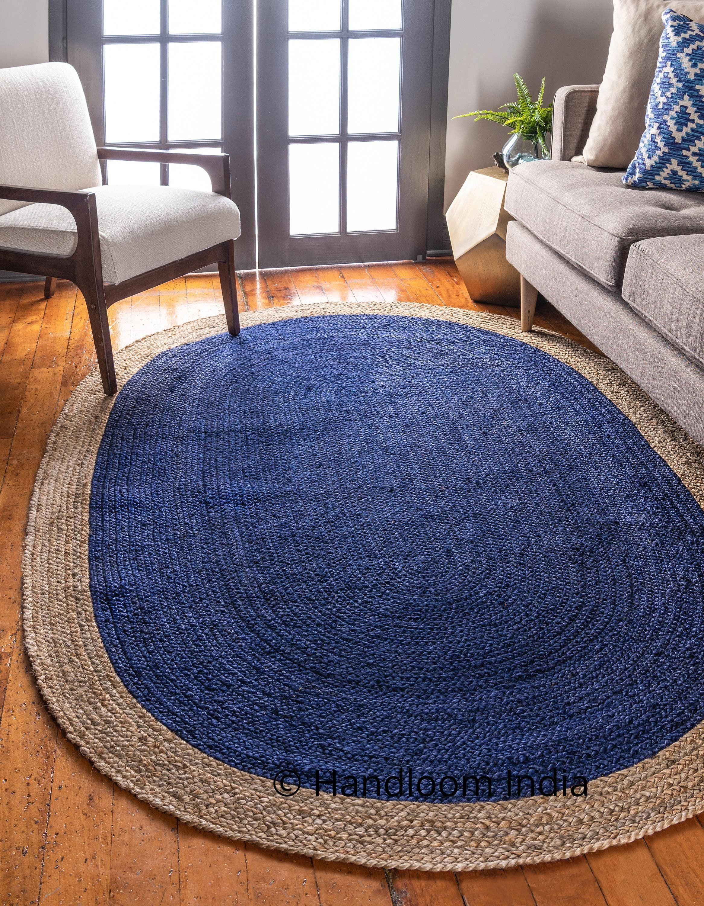 Oval Navy Blue Hand Woven Jute Rugs Indian Braided Jute Rug – Etsy Pertaining To Blue Oval Rugs (Photo 1 of 15)