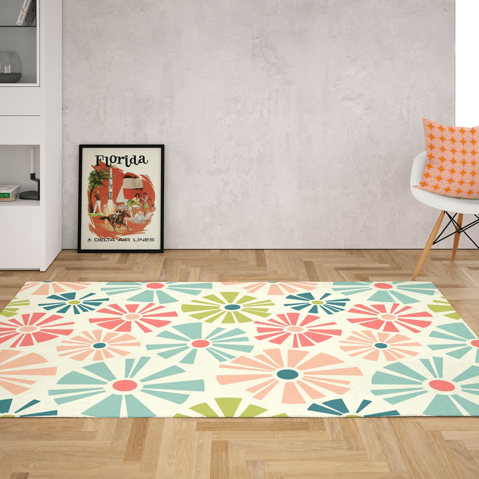 Retro Coral Olive Aqua Teal Pink Beige Mod Groovy Floral Area Rug | Ebay Throughout Pink And Aqua Rugs (View 11 of 15)