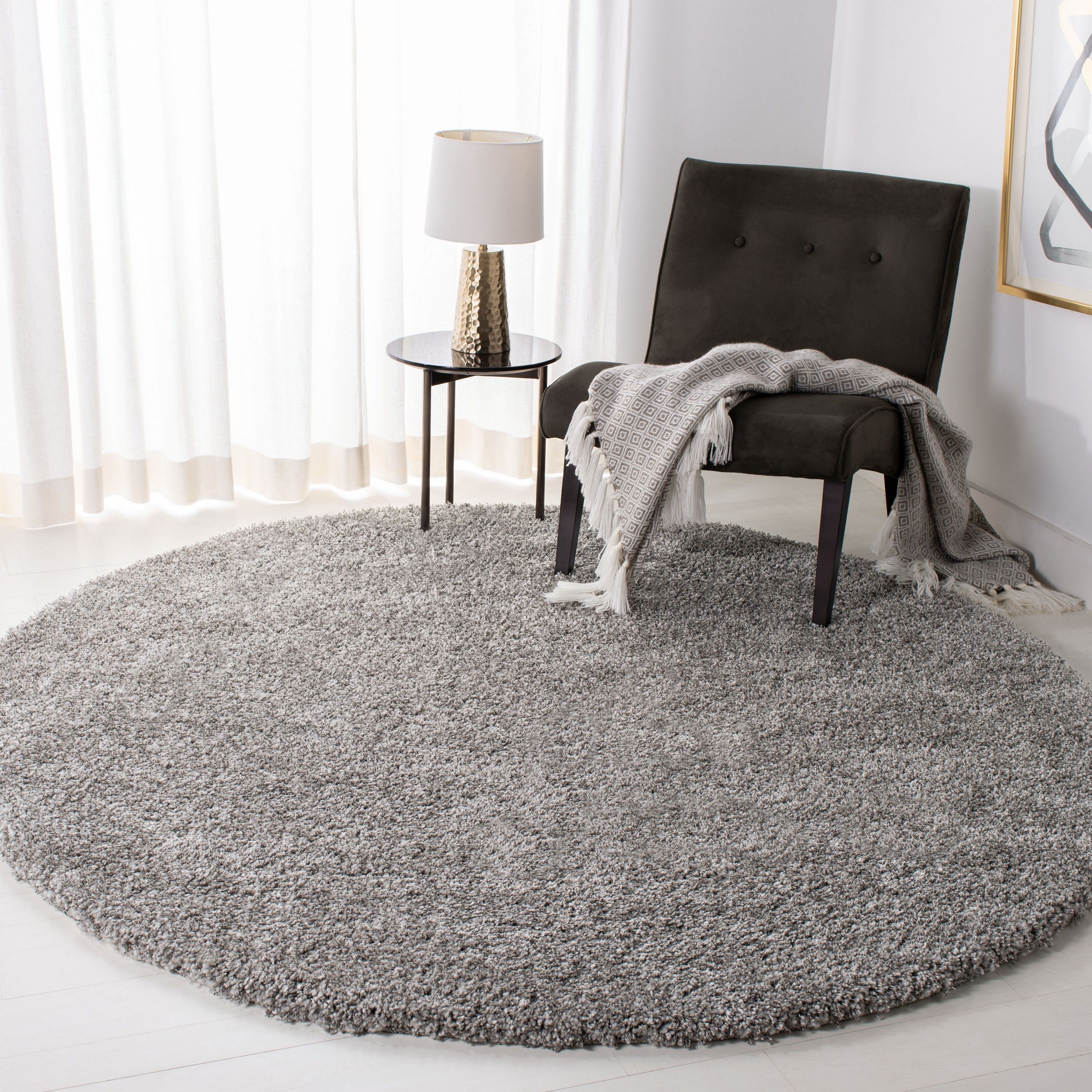 Safavieh 4 X 4 Frieze Silver Round Indoor Solid Area Rug At Lowes With Regard To Solid Shag Round Rugs (Photo 7 of 15)