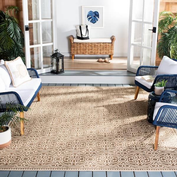 Safavieh Beach House Cream/Beige 8 Ft. X 8 Ft. Floral Medallion  Indoor/Outdoor Patio Square Area Rug Bhs134C 8Sq – The Home Depot In Coastal Square Rugs (Photo 4 of 15)
