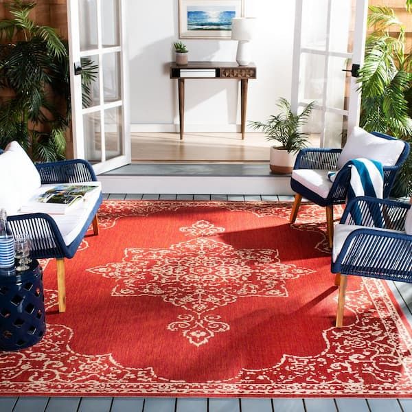 Safavieh Beach House Red/Cream 7 Ft. X 7 Ft. Square Oriental Indoor/Outdoor  Patio Area Rug Bhs180Q 6Sq – The Home Depot With Coastal Square Rugs (Photo 12 of 15)