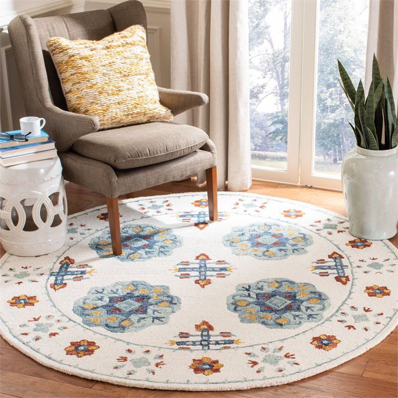 Safavieh Blossom 6' Round Hand Tufted Wool Rug In Blue And Ivory |  Bushfurniturecollection Inside Ivory Blossom Round Rugs (View 9 of 15)