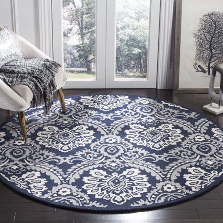 Safavieh Blossom Jermaine Geometric Floral Wool Area Rug, Navy/Ivory, 6' X  6' Round – Walmart | Floral Area Rugs, Wool Area Rugs, Area Rugs With Regard To Ivory Blossom Round Rugs (View 7 of 15)