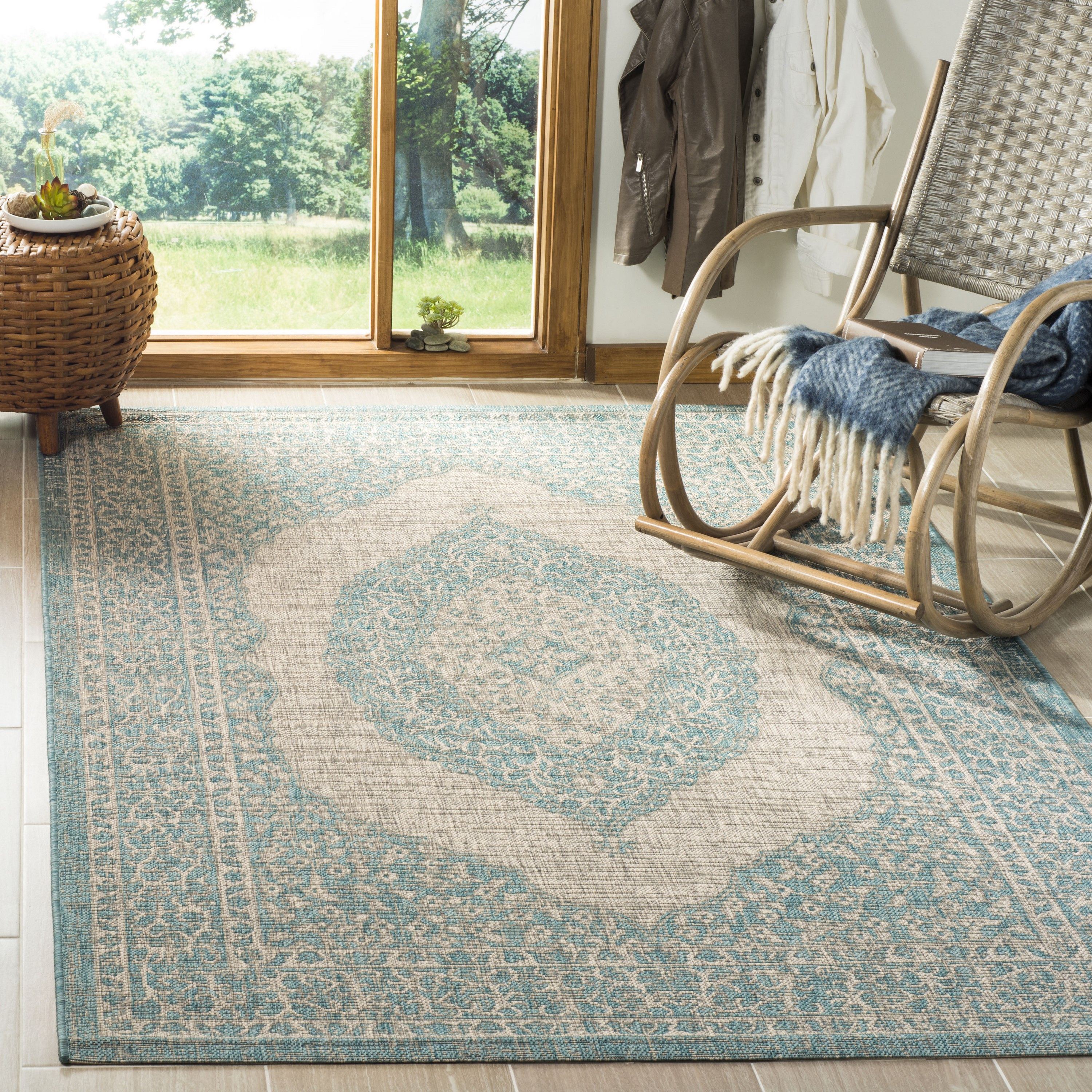 Safavieh Courtyard Napa 3 X 5 Light Gray/Aqua Indoor/Outdoor  Floral/Botanical Coastal Throw Rug In The Rugs Department At Lowes Inside Napa Indoor Rugs (View 3 of 15)