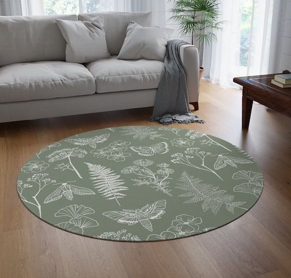 Sage Green Round Area Rug Neutral Botanical Bedroom Rug – Etsy Finland With Botanical Rugs (View 12 of 15)