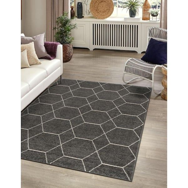 Stylewell Trellis Frieze Dark Gray/Ivory 8 Ft. X 10 Ft. Geometric Area Rug  3140889 – The Home Depot Intended For Ivory Lattice Frieze Rugs (Photo 3 of 15)