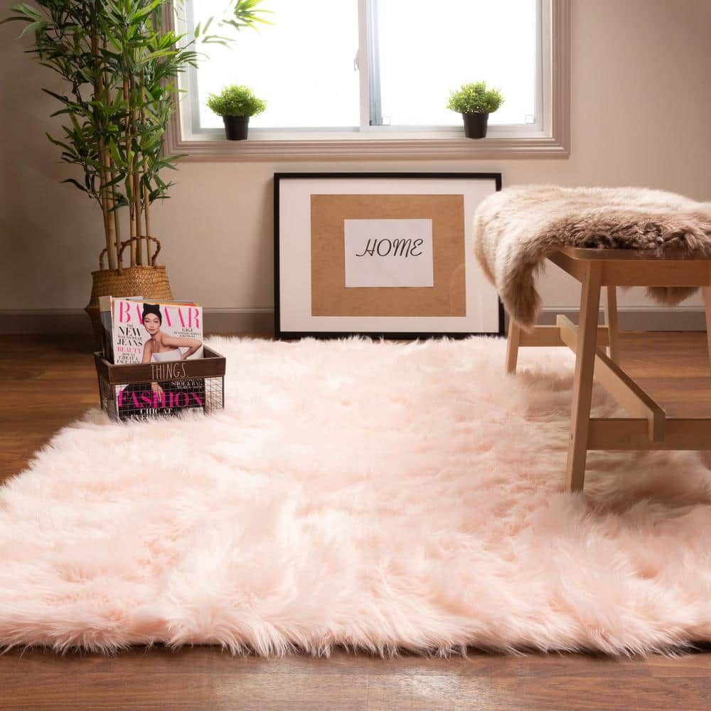 Super Area Rugs Serene Silky Faux Fur Fluffy Shag Rug Light Pink 5' X 7'  Sar Ser01 Light Pink 5X7 – The Home Depot With Regard To Pink Soft Touch Shag Rugs (View 7 of 15)