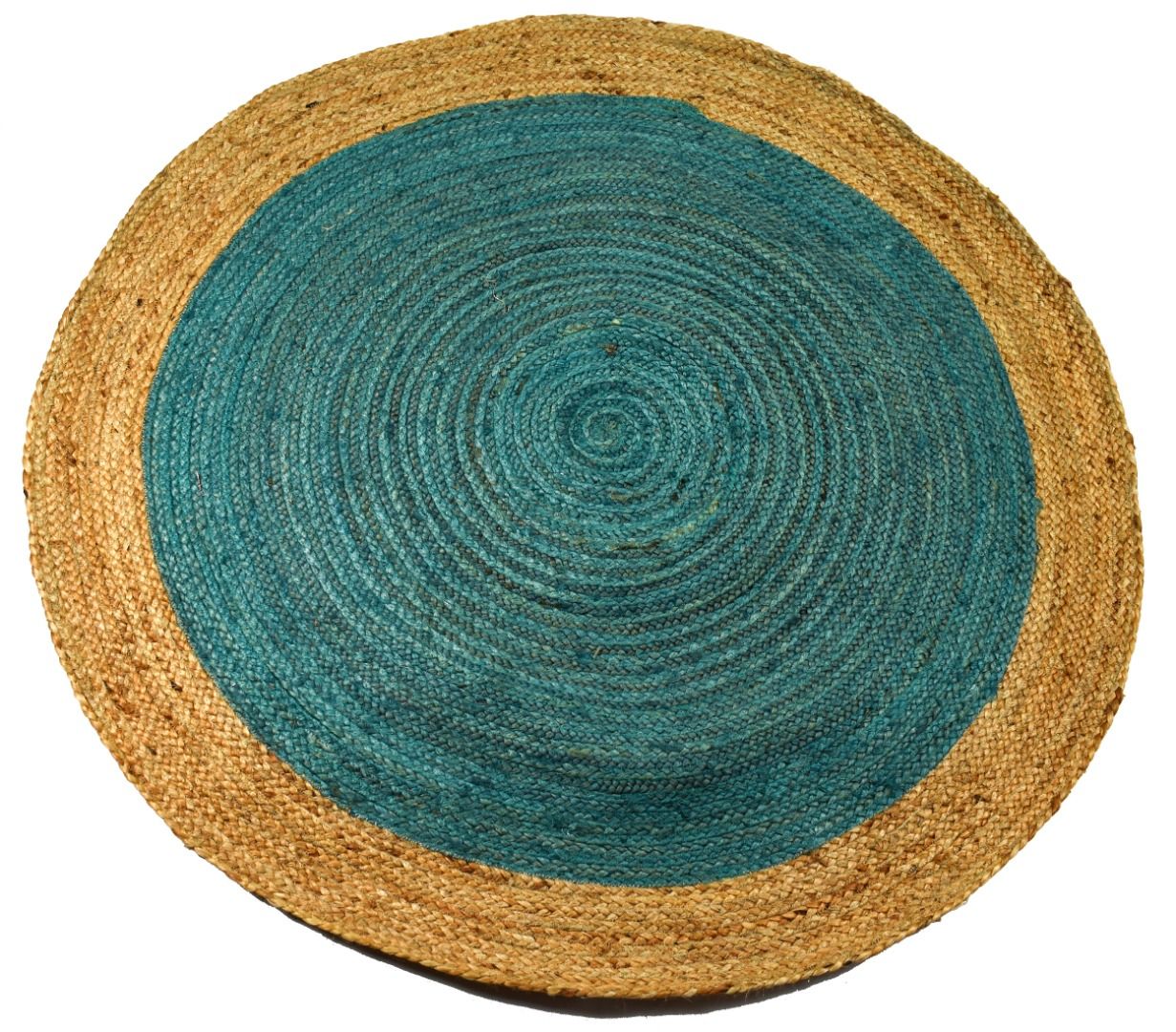 Turquoise Coloured Jute Round Rug With Natural Border 3 Sizes Fair Trade  Goodweave Inside Border Round Rugs (Photo 13 of 15)