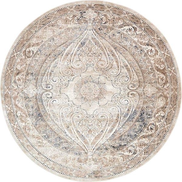 Unique Loom Chateau Wilson Beige 8' 0 X 8' 0 Round Rug 3136065 – The Home  Depot Throughout Beige Round Rugs (Photo 4 of 15)