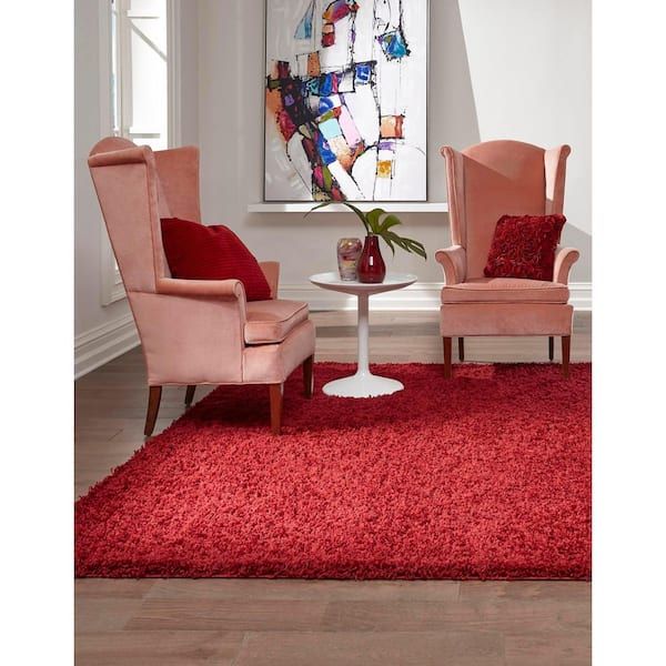 Unique Loom Solid Shag Cherry Red 8 Ft. Square Area Rug 3126273 – The Home  Depot Within Red Solid Shag Rugs (Photo 3 of 15)