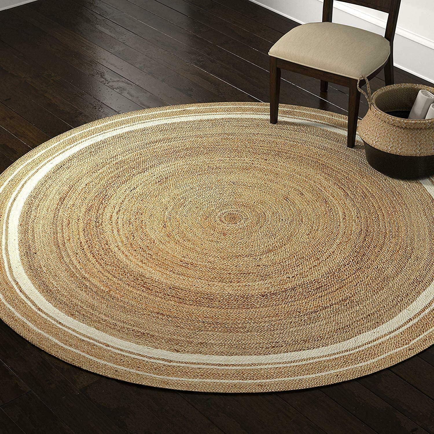 White Border Handmade Hand Woven Boho Braided Jute Area Rug Natural Fibers Round  Rugs For Living Room, Kitchen, Indoor & Outdoor Carpet  2” Feet (24 Inch) –  Walmart With Border Round Rugs (Photo 12 of 15)