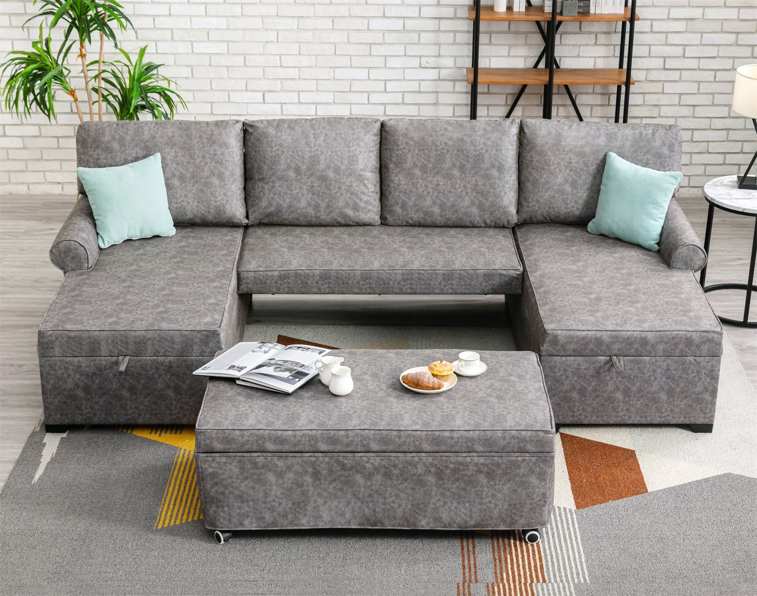 108.75" U Shaped Sofa With Pull Out Bed, Reversible Sectional Sofa With 2  Storage Chaise Lounges And 2 Usb Charging Ports, Convertible Sleeper Sofa  Bed 6 Seater Sofa Sets For Living Room, Gray – Walmart For U Shaped Sectional Sofa With Pull Out Bed (Photo 7 of 15)