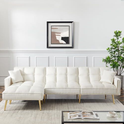 110" Reversible Sectional Sofa Bed, Antetek Velvet Upholstered L Shaped  Futon Sofa With Adjustable Backrest & Movable Ottoman & 2 Toss Pillows,  Mid Century Modular Sofa,For Living Room Bedroom Office – Walmart Within L Shaped Couches With Adjustable Backrest (View 11 of 15)