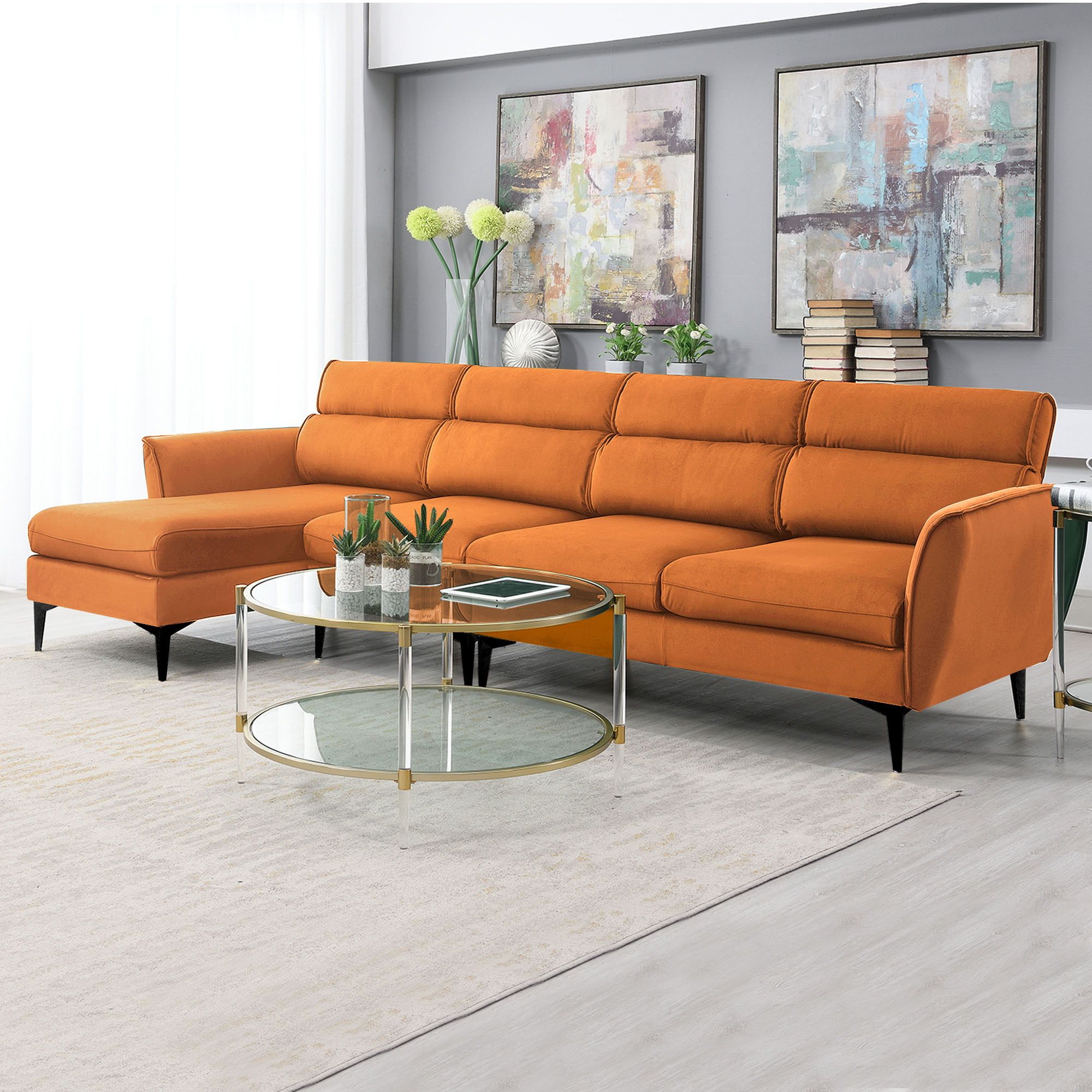 111"L Convertible Sectional Sofa Couch, Flannel L Shaped Couch With  Left/Right Chaise, Modern Heavy Duty 4 Seater Sectional Couch, Kamida Sectional  Couch Furniture For Living Room, Orange – Walmart For Heavy Duty Sectional Couches (Photo 3 of 15)