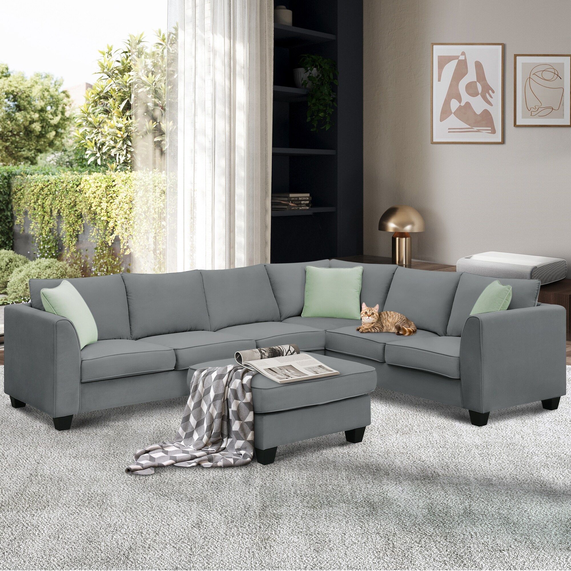 112" Sectional Sofa Couches Living Room Sets 7 Seats Sleeper Sofa With  Ottoman, L Shape Fabric Sofa, Pillow Back Sofa – – 37989197 Throughout Pillowback Sofa Sectionals (View 13 of 15)