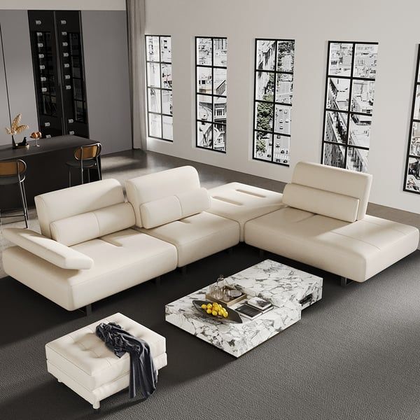 134.6" White Leather Lounge Deep Seat Sectional Sofa With Adjustable  Armrest & Backrest Homary With L Shaped Couches With Adjustable Backrest (Photo 6 of 15)