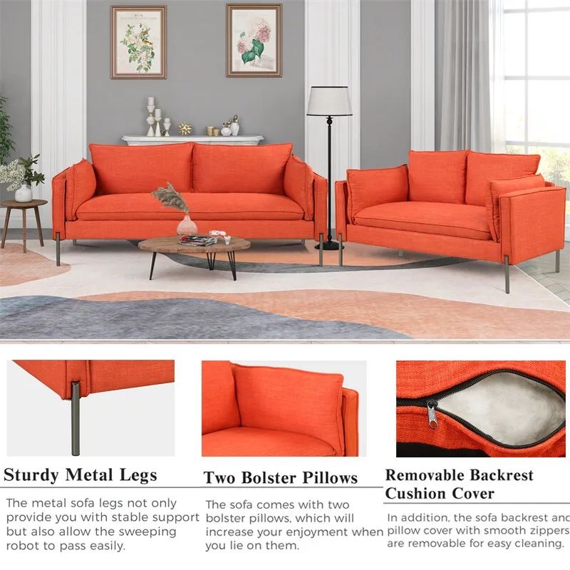 2+3 Seat）Modern Linen Fabric Sofa Living Room Sofa Set Couch Loveseat  Orange | Ebay Regarding Modern Linen Fabric Sofa Sets (Photo 7 of 15)