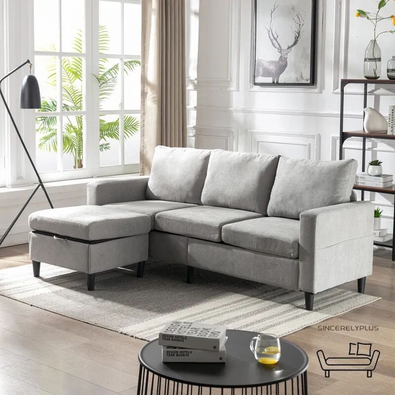 3 Seat Reversible Sectional Sofa Couch Movable Ottoman Plastic Legs Living  Room | Ebay With Regard To Sectional Sofas With Movable Ottoman (Photo 9 of 15)