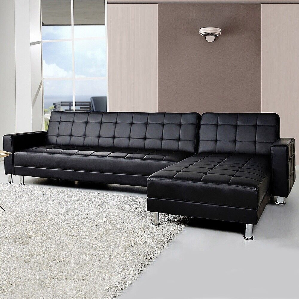 5 Seater Convertible Sofa Bed Faux Leather Sleeper Couch Chaise Lounge  Black | Ebay With Regard To Convertible Sofas With Matching Chaise (Photo 7 of 15)