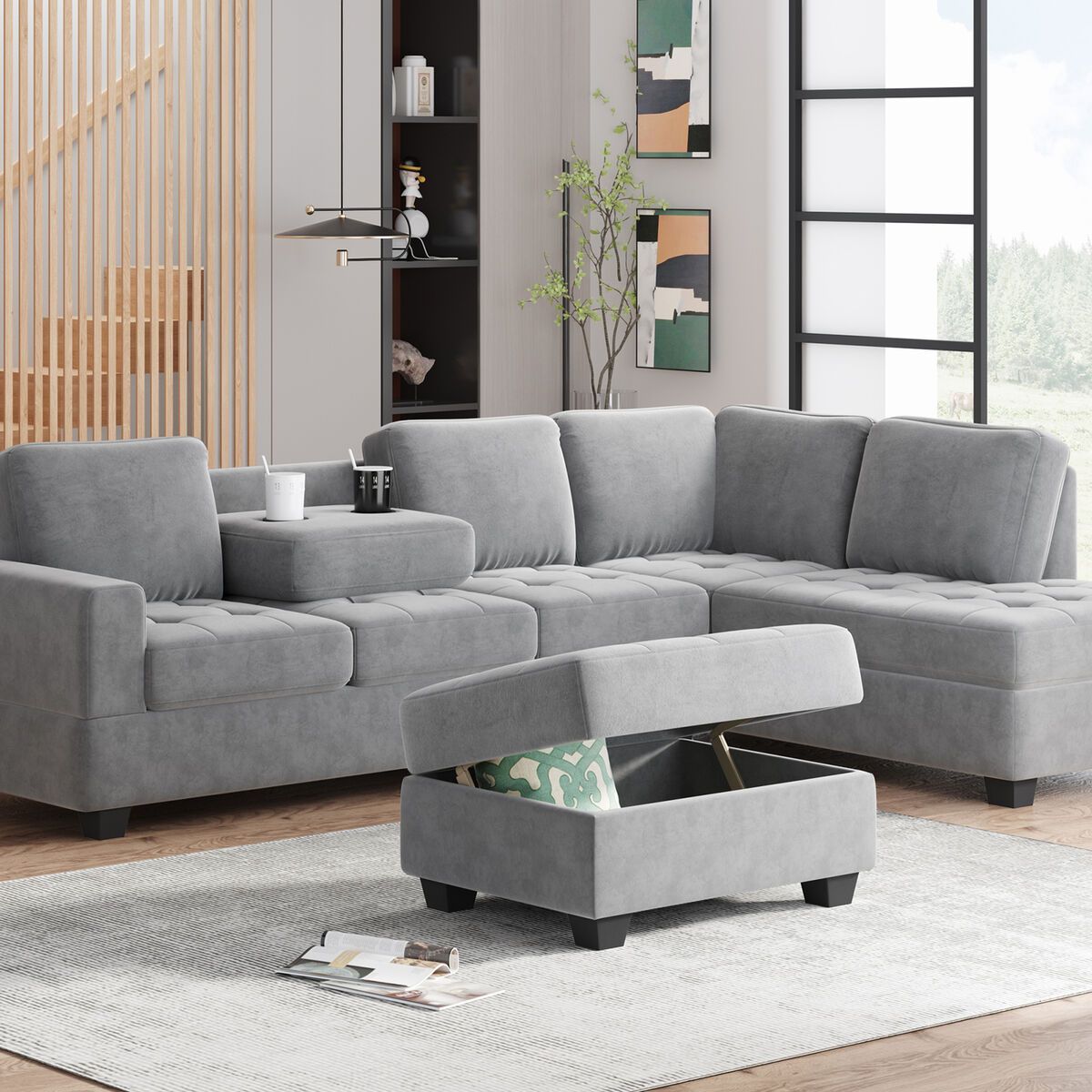 6 Seater L Shaped Sectional Sofa Couch W/ Reversible Chaise Storage  Ottomans Set | Ebay With Regard To 6 Seater Sectional Couches (Photo 6 of 15)