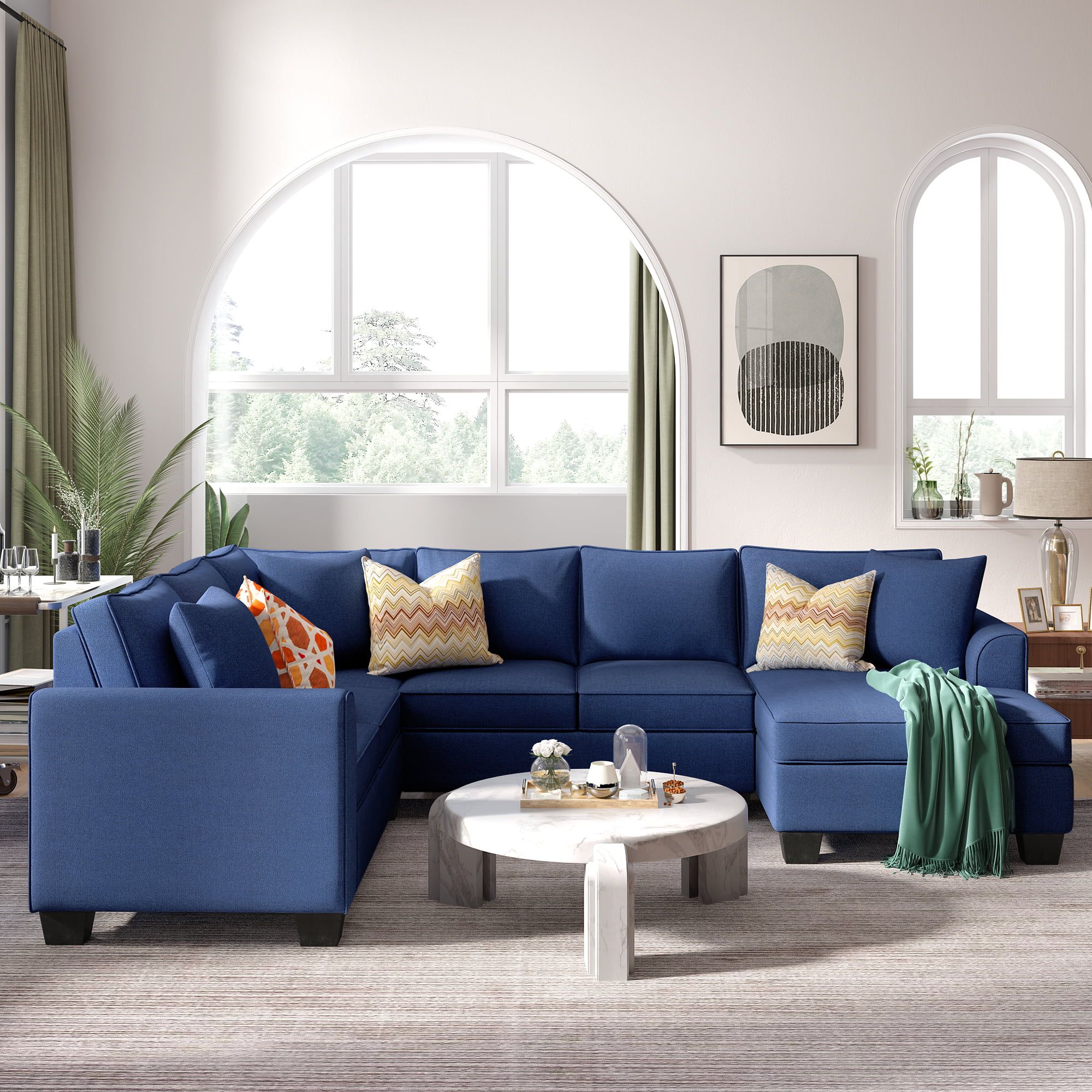 7 Seater Sectional Sofa Sets, Upholstered Modern U Shaped Sofa With 3  Pillows For Living Room, Blue – Walmart Intended For 7 Seater Sectional Couch With Ottoman And 3 Pillows (View 14 of 15)