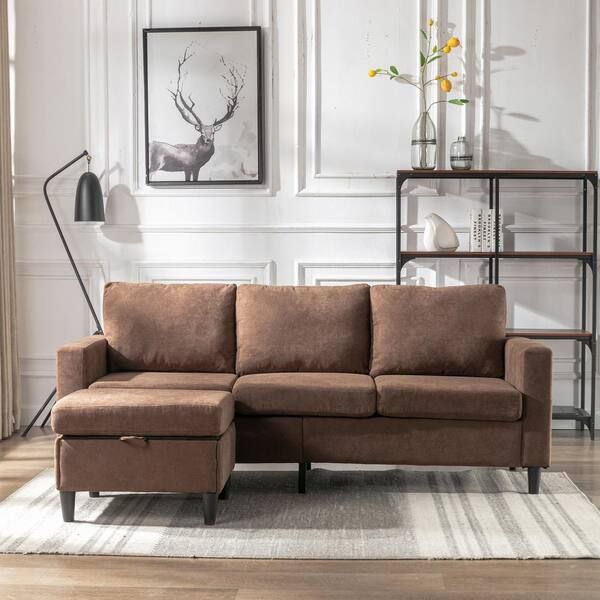 77.9 In. Square Arm 2 Piece Linen L Shaped Sectional Sofa In Brown With Movable  Ottoman And Handy Side Pocket Br Sesofa – The Home Depot Inside Sectional Sofas With Movable Ottoman (Photo 6 of 15)