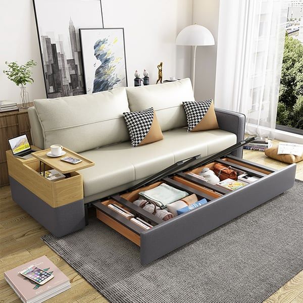 77" Beige & Gray Sleeper Sofa With Lift Top End Table Convertible Sofa Bed  With Storage Homary For Sleeper Sofas With Storage (View 3 of 15)