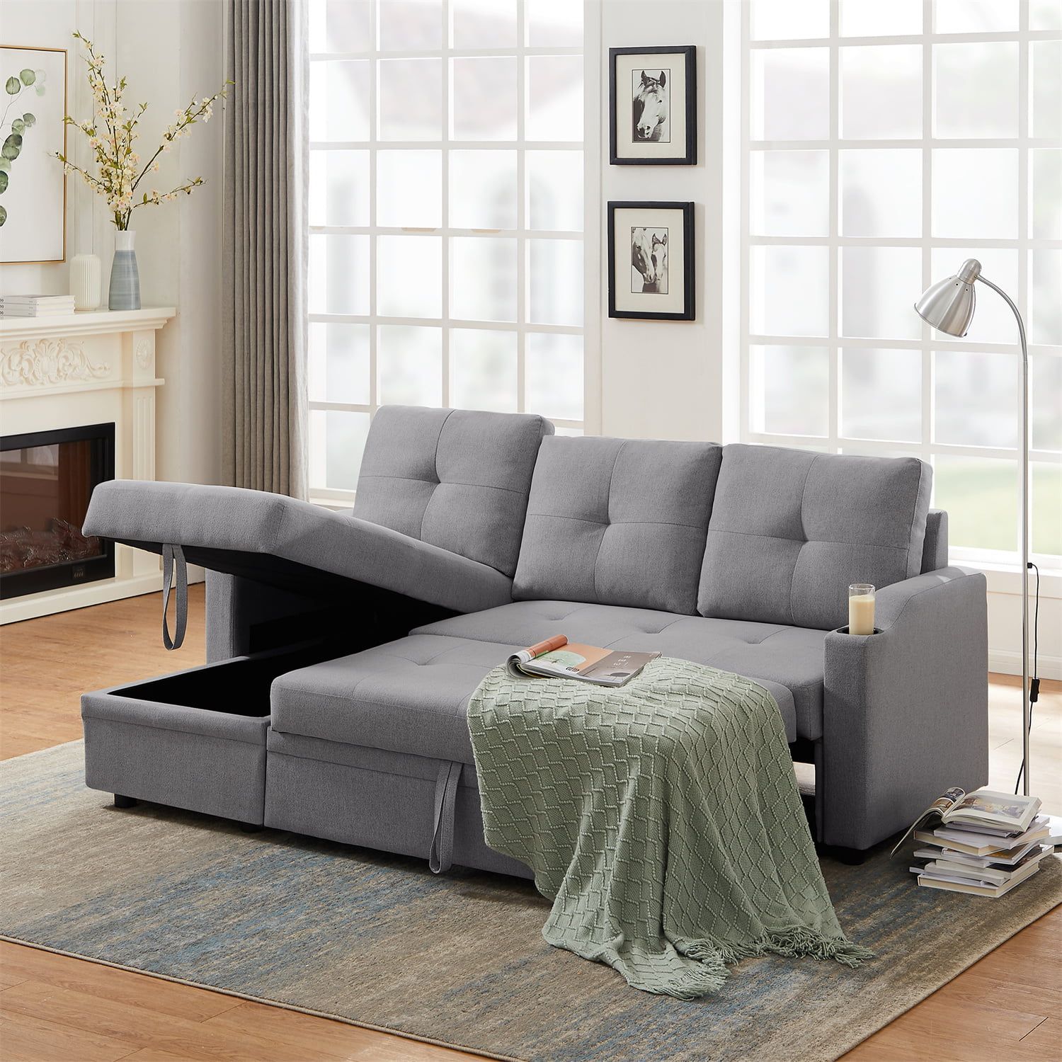 80.7" Reversible Sofa Sleeper, Tufted Upholstered Sectional Sofa Couch With  Pull Out Sleeper, Corner Couch Sofa Bed With Storage Chaise And Two  Cup Holders For Living Room, Grey – Walmart Intended For Reversible Pull Out Sofa Couches (Photo 1 of 15)