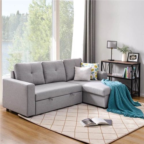 90" 3 Seat L Shaped Pull Out Combination Polyester Sofa Bed Gray With Regard To Chaise 3 Seat L Shaped Sleeper Sofas (View 11 of 15)