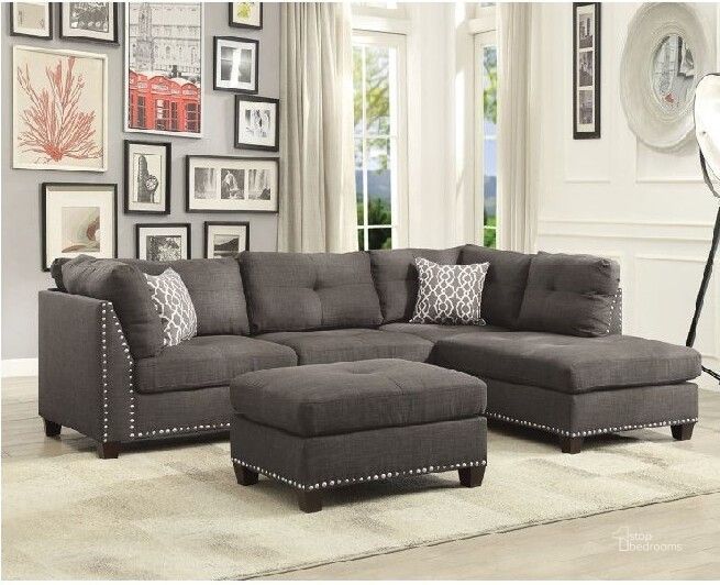 Acme Laurissa Sectional Sofa And Ottoman With 2 Pillows In Charcoal Linen –  1Stopbedrooms With Regard To Sectional Sofas With Ottomans And Tufted Back Cushion (Photo 12 of 15)